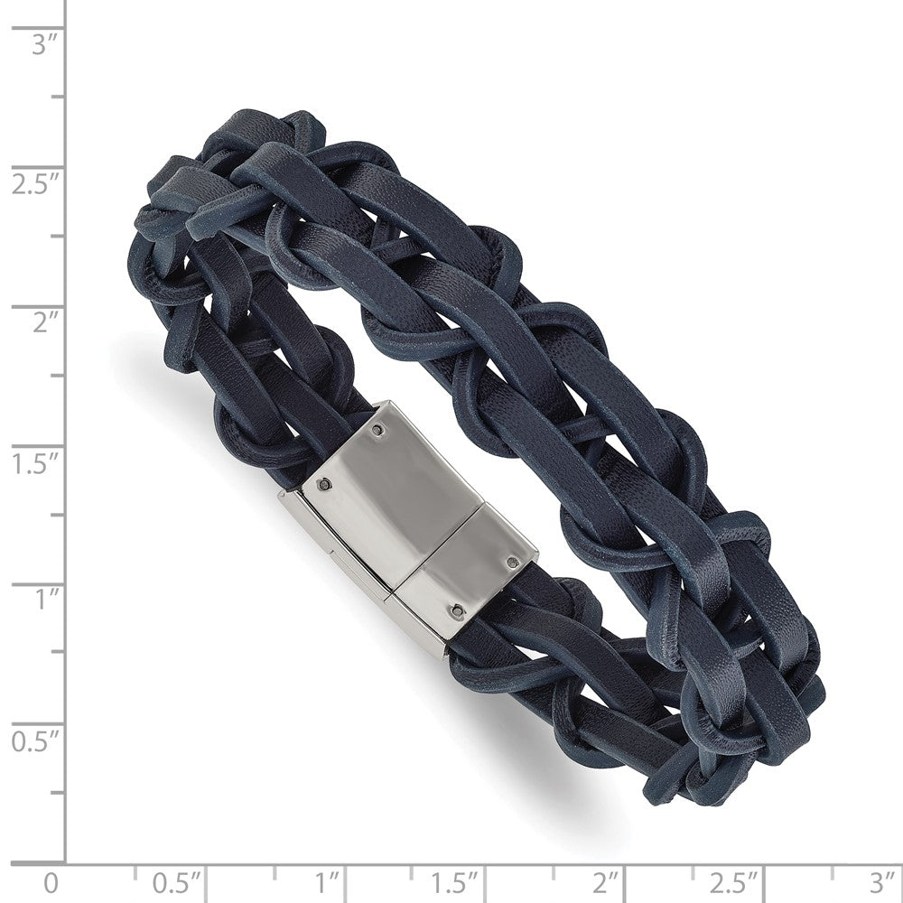 Chisel Stainless Steel Polished Navy Leather 8.5 inch Bracelet