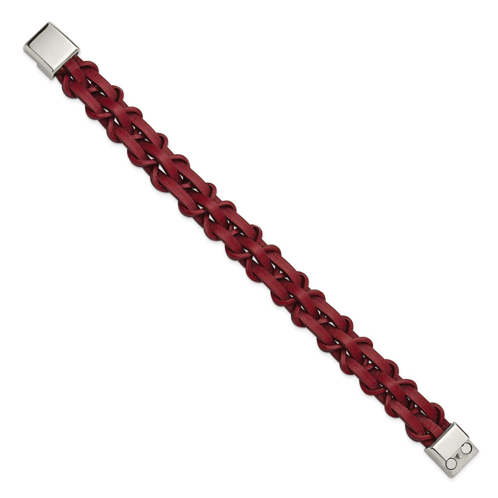 Chisel Stainless Steel Polished Red Leather 8.25 inch Bracelet