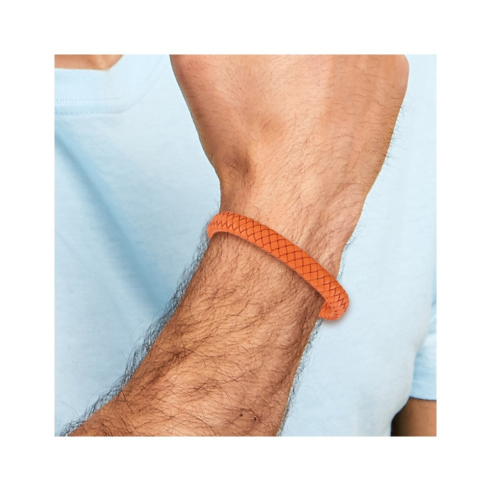 Chisel Stainless Steel Polished Braided Orange Leather 8.25 inch Bracelet