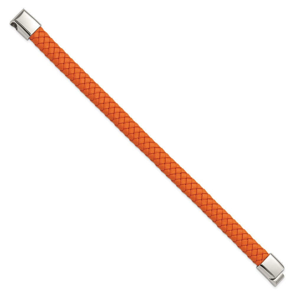 Chisel Stainless Steel Polished Braided Orange Leather 8.25 inch Bracelet