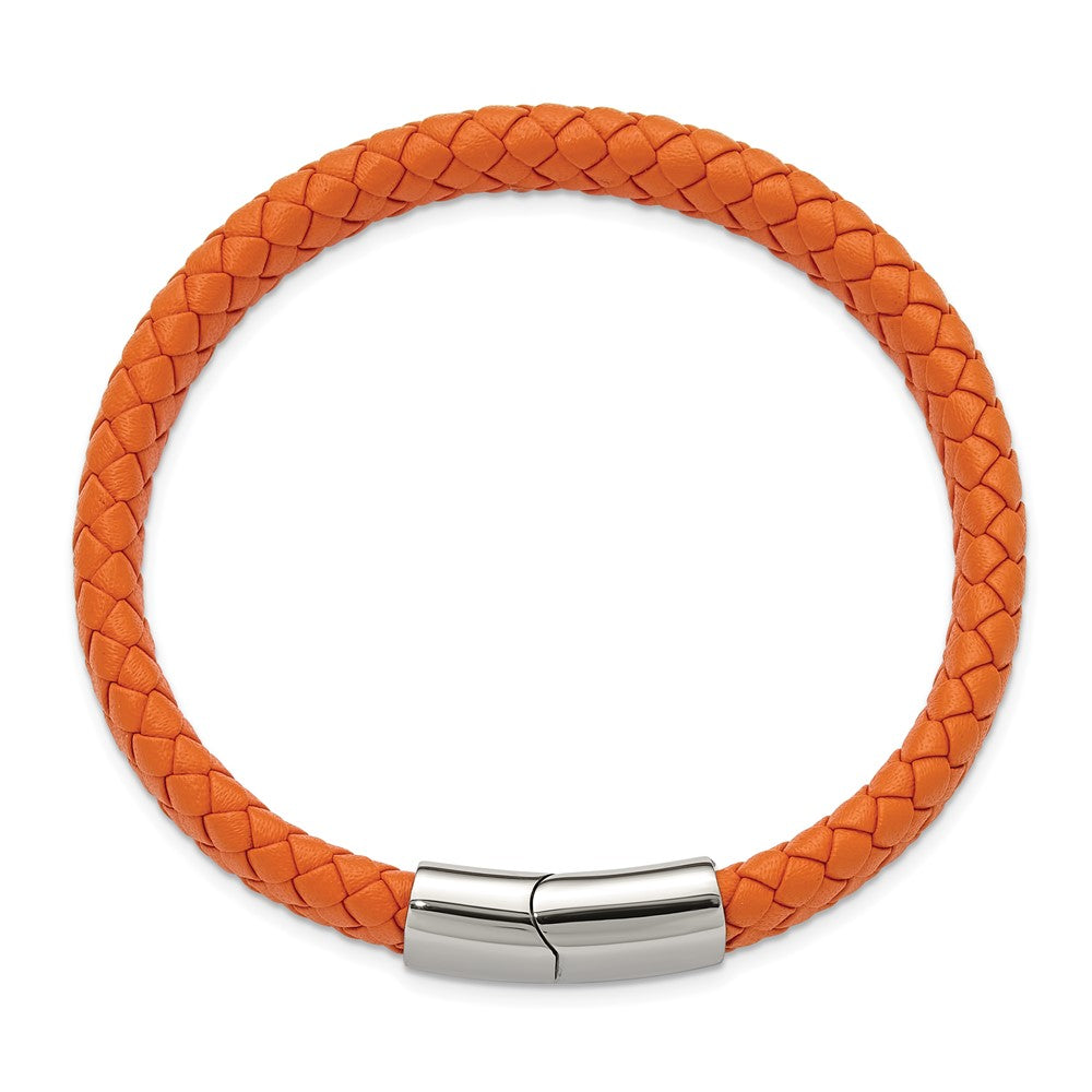 Chisel Stainless Steel Polished Braided Orange Leather 8.25 inch Bracelet