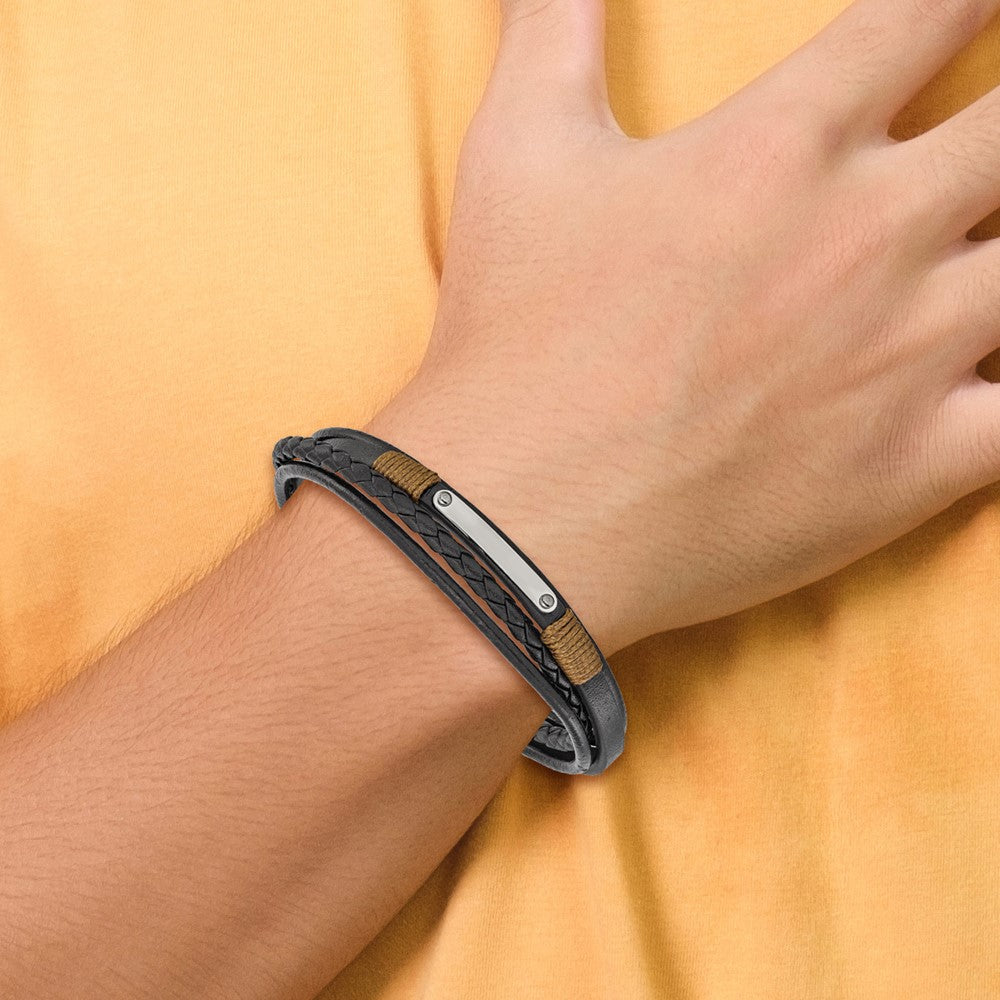 Chisel Stainless Steel Polished Multi-Strand Black Leather 8.5 inch ID Bracelet