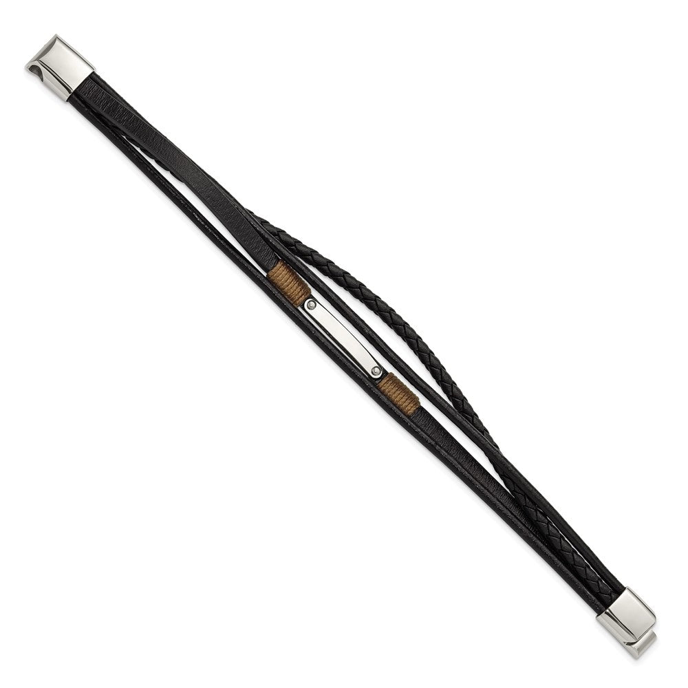 Chisel Stainless Steel Polished Multi-Strand Black Leather 8.5 inch ID Bracelet