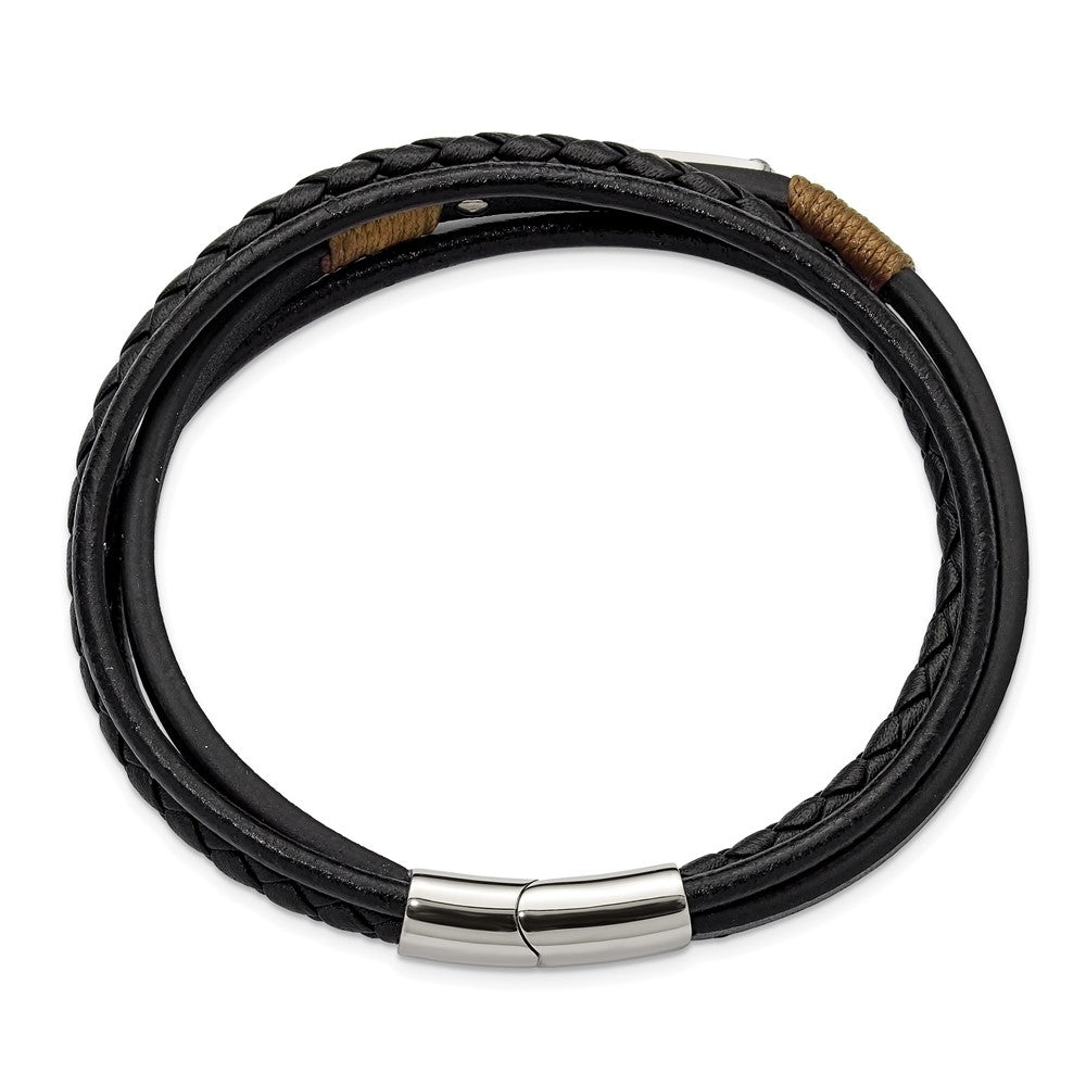 Chisel Stainless Steel Polished Multi-Strand Black Leather 8.5 inch ID Bracelet