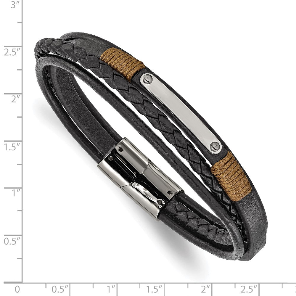 Chisel Stainless Steel Polished Multi-Strand Black Leather 8.5 inch ID Bracelet
