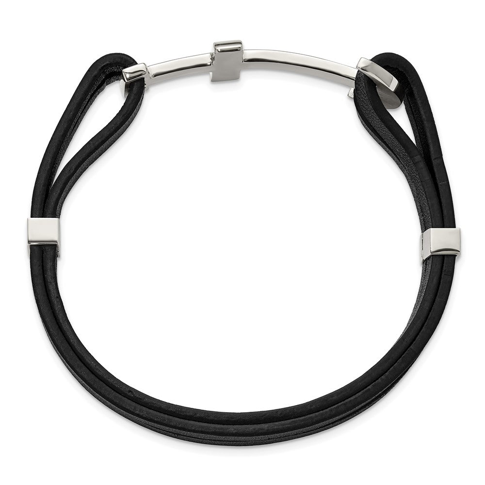 Chisel Stainless Steel Polished Cross and Anchor Black Leather 8.25 inch Bracelet