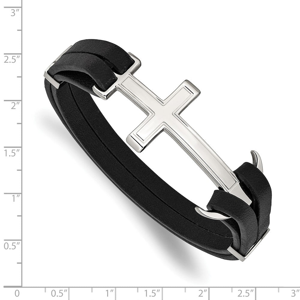 Chisel Stainless Steel Polished Cross and Anchor Black Leather 8.25 inch Bracelet