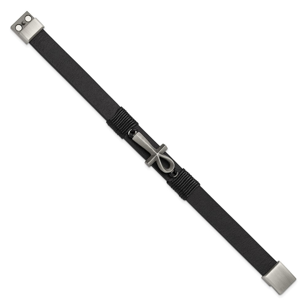 Chisel Stainless Steel Antiqued and Brushed Ankh Cross Black Leather 8.5 inch Bracelet