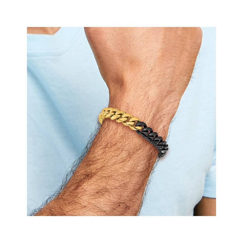 Chisel Stainless Steel Polished Black and Yellow IP-plated 12mm 8.25 inch Curb Link Bracelet
