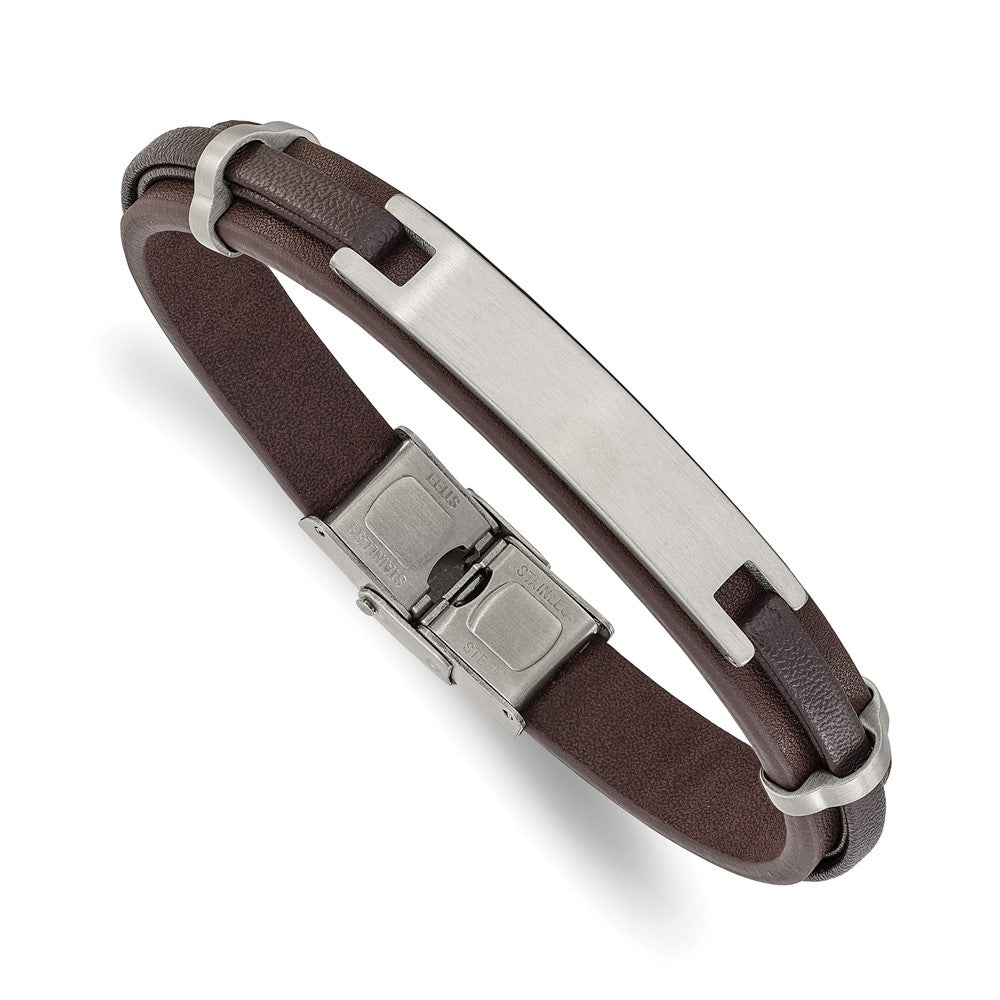 Chisel Stainless Steel Brushed Brown Leather 8.5 inch ID Bracelet