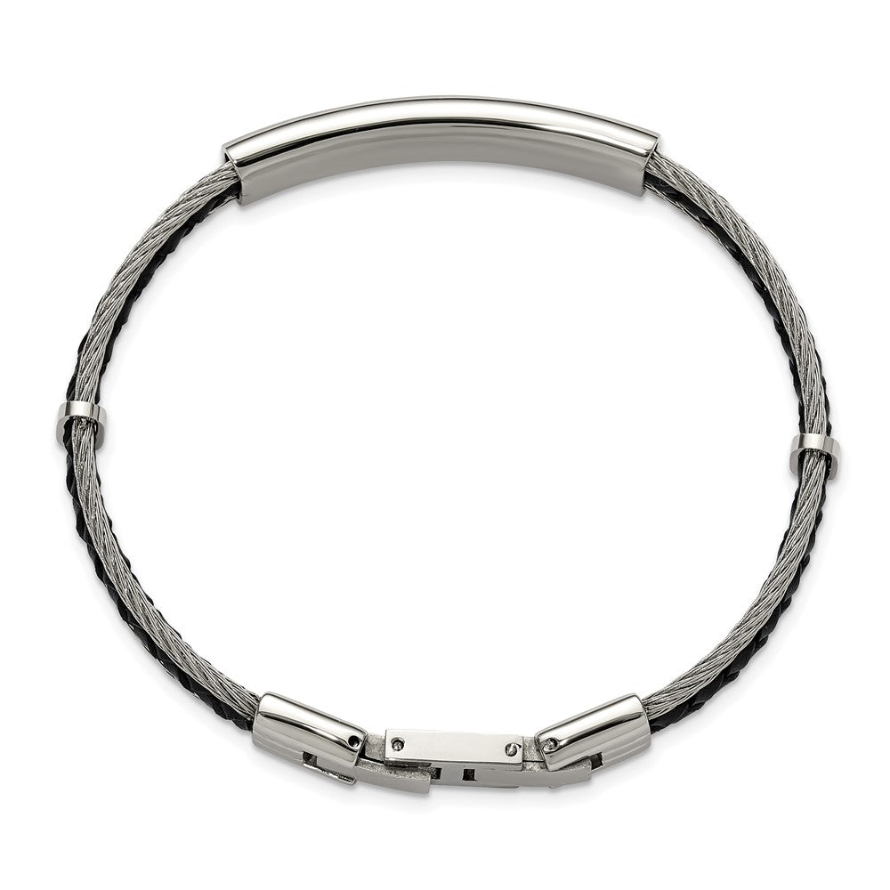 Chisel Stainless Steel Brushed and Polished Wire and Braided Black Leather 6.75 inch Plus a .5 inch Extension ID Bracelet
