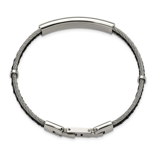 Chisel Stainless Steel Brushed and Polished Wire and Braided Black Leather 6.75 inch Plus a .5 inch Extension ID Bracelet