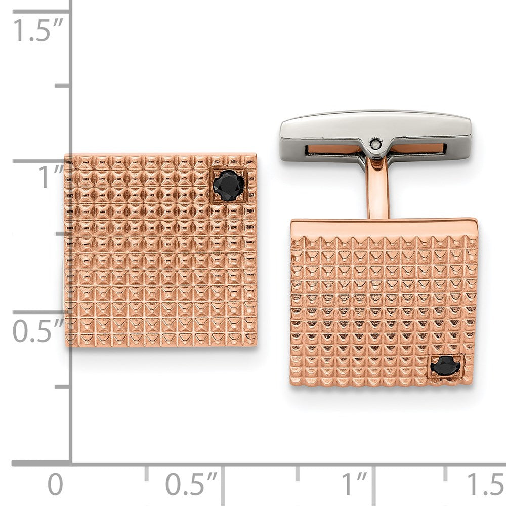 Chisel Stainless Steel Polished Textured Rose IP-plated Black CZ Cufflinks