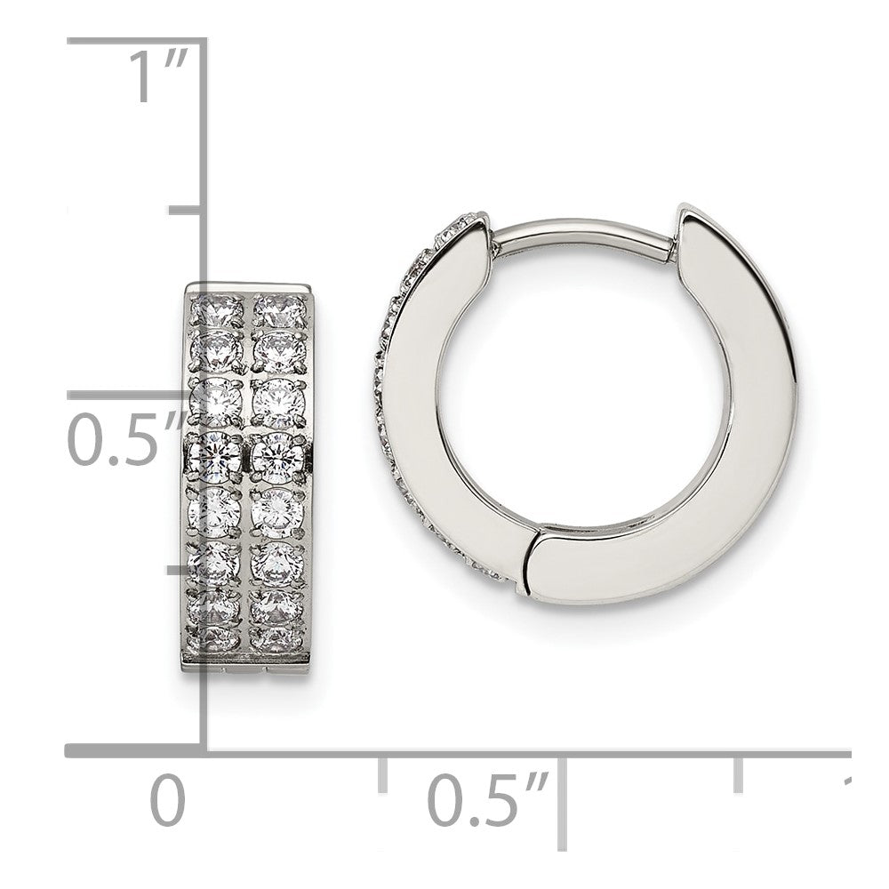 Chisel Stainless Steel Polished with 2 Rows of CZ 2.3mm Hinged Hoop Earrings