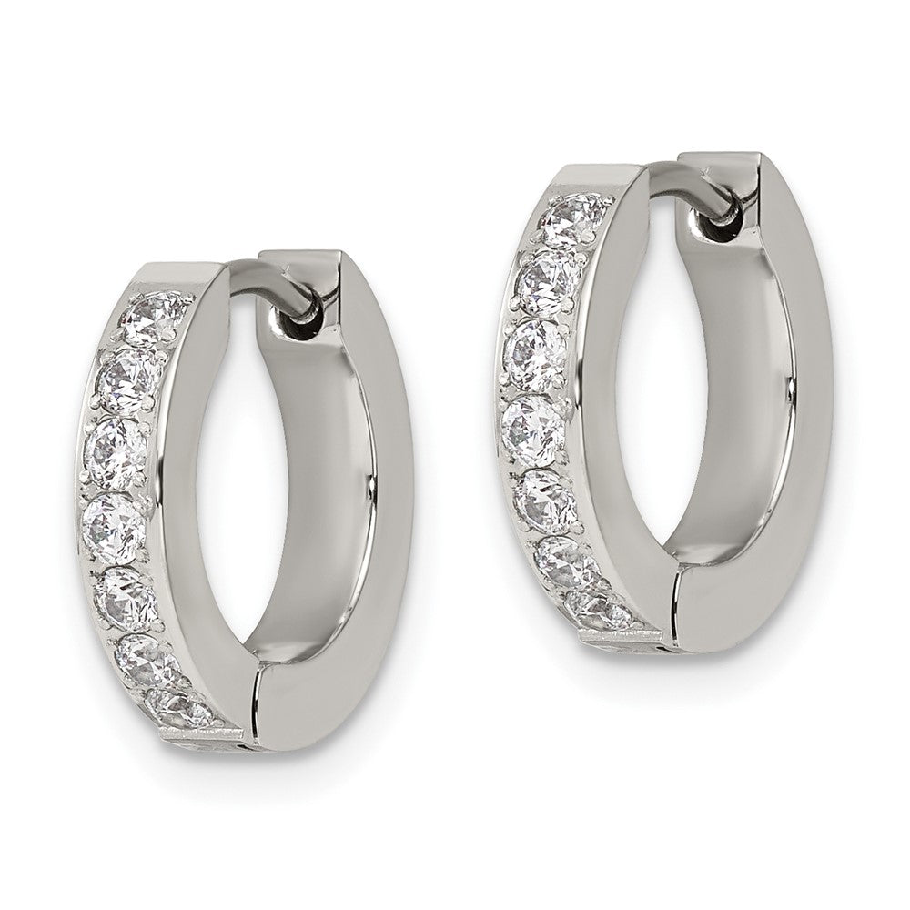 Chisel Stainless Steel Polished with 1 Row of CZ 2.3mm Hinged Hoop Earrings