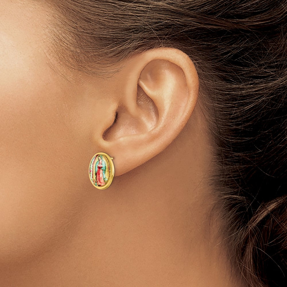 Chisel Stainless Steel Polished Yellow IP-plated Enameled Our Lady of Guadalupe Post Earrings