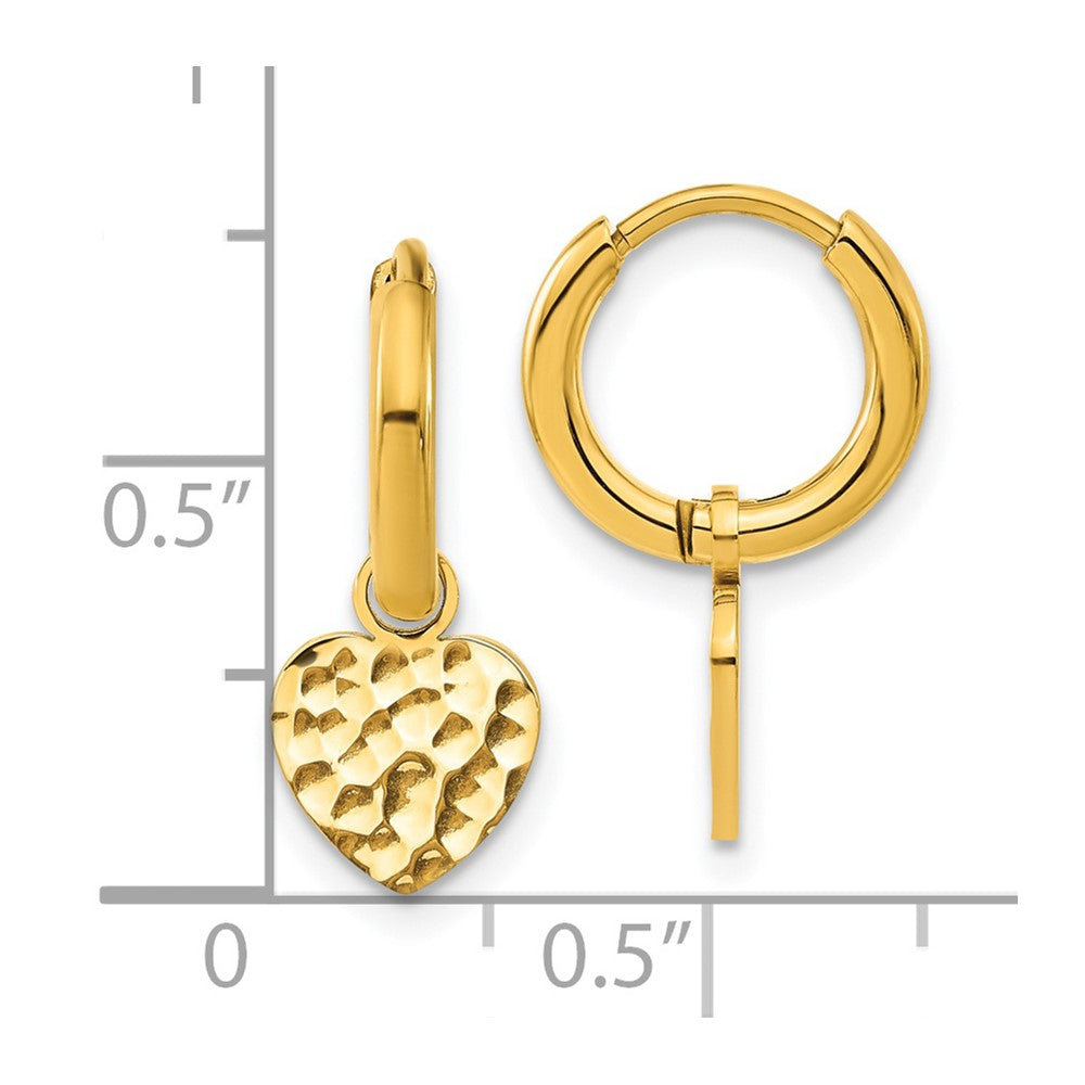 Chisel Stainless Steel Polished Hammered Yellow IP-plated Heart Dangle Hoop Earrings