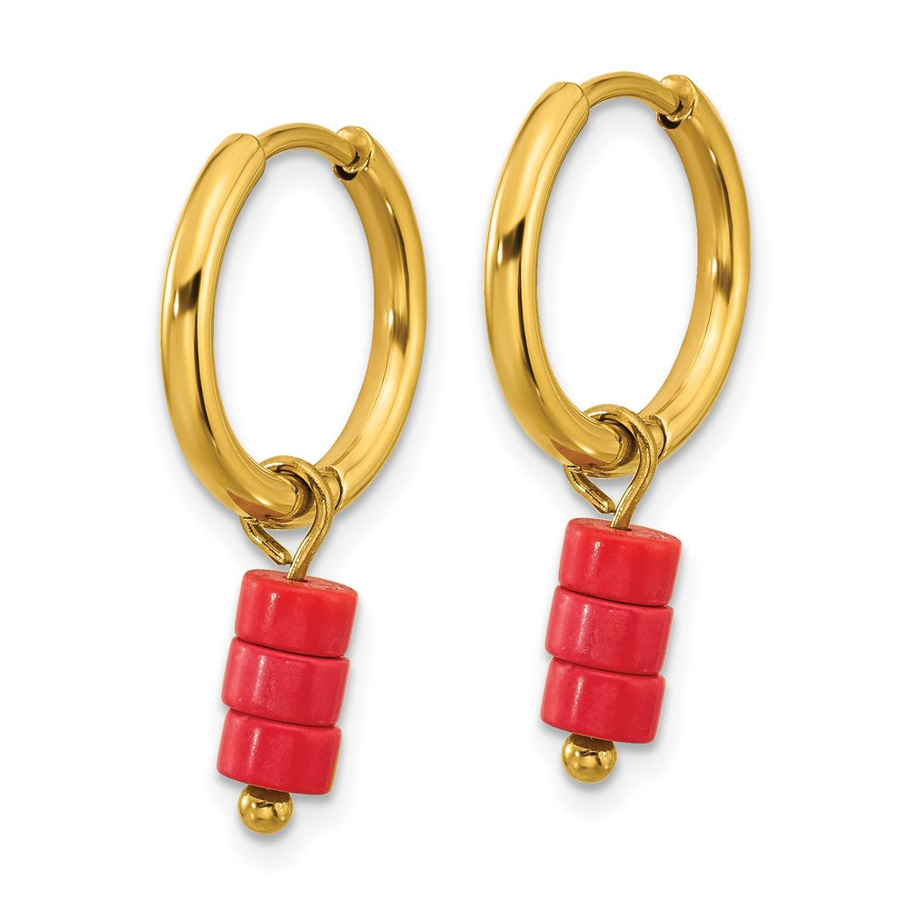 Chisel Stainless Steel Polished Yellow IP-plated with Removable Red Jade Dangle Hinged Hoop Earrings