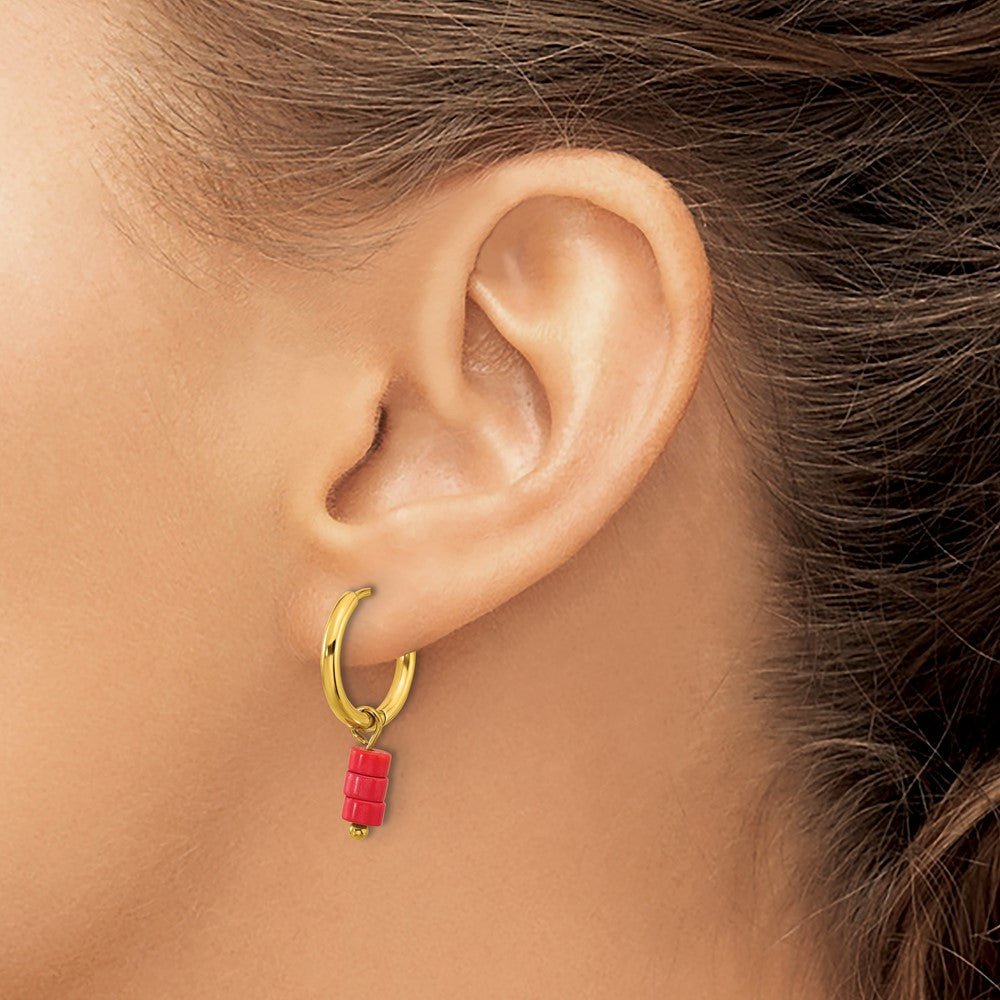 Chisel Stainless Steel Polished Yellow IP-plated with Removable Red Jade Dangle Hinged Hoop Earrings
