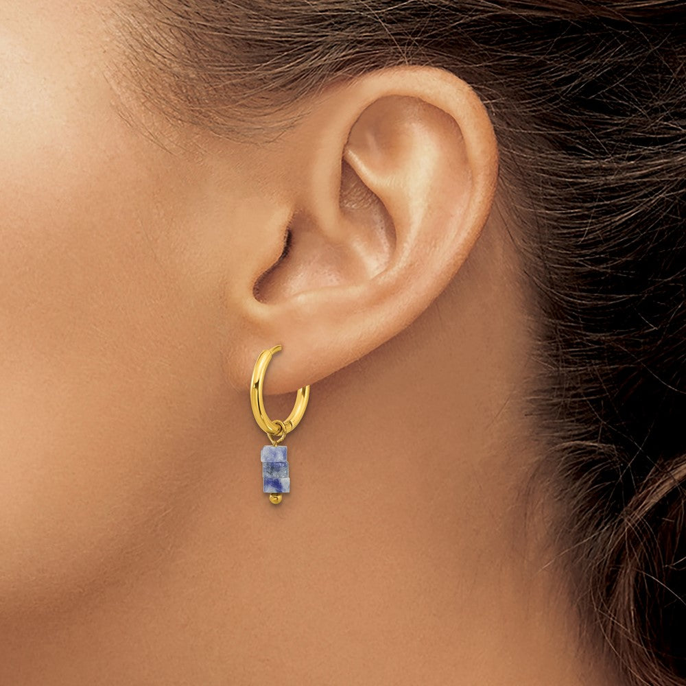 Chisel Stainless Steel Polished Yellow IP-plated with Removeable Blue Sodalite Dangle Hinged Hoop Earrings