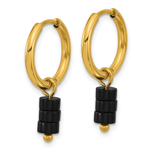 Chisel Stainless Steel Polished Yellow IP-plated with Removeable Black Agate Dangle Hinged Hoop Earrings