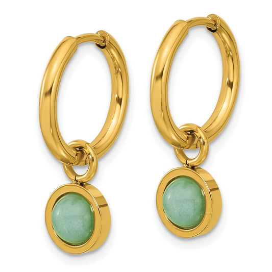 Chisel Stainless Steel Polished Yellow IP-plated with Removeable Green Jade Dangle Hinged Hoop Earrings