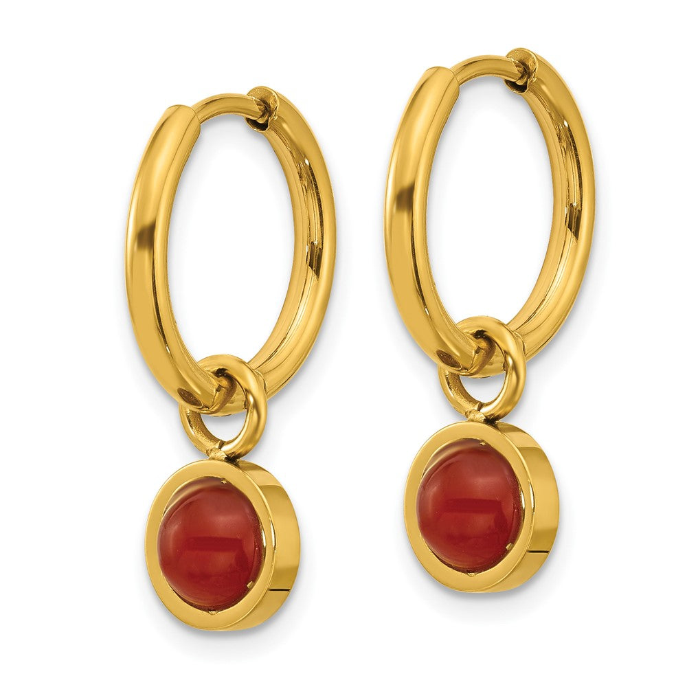 Chisel Stainless Steel Polished Yellow IP-plated with Removeable Red Jade Dangle Hinged Hoop Earrings