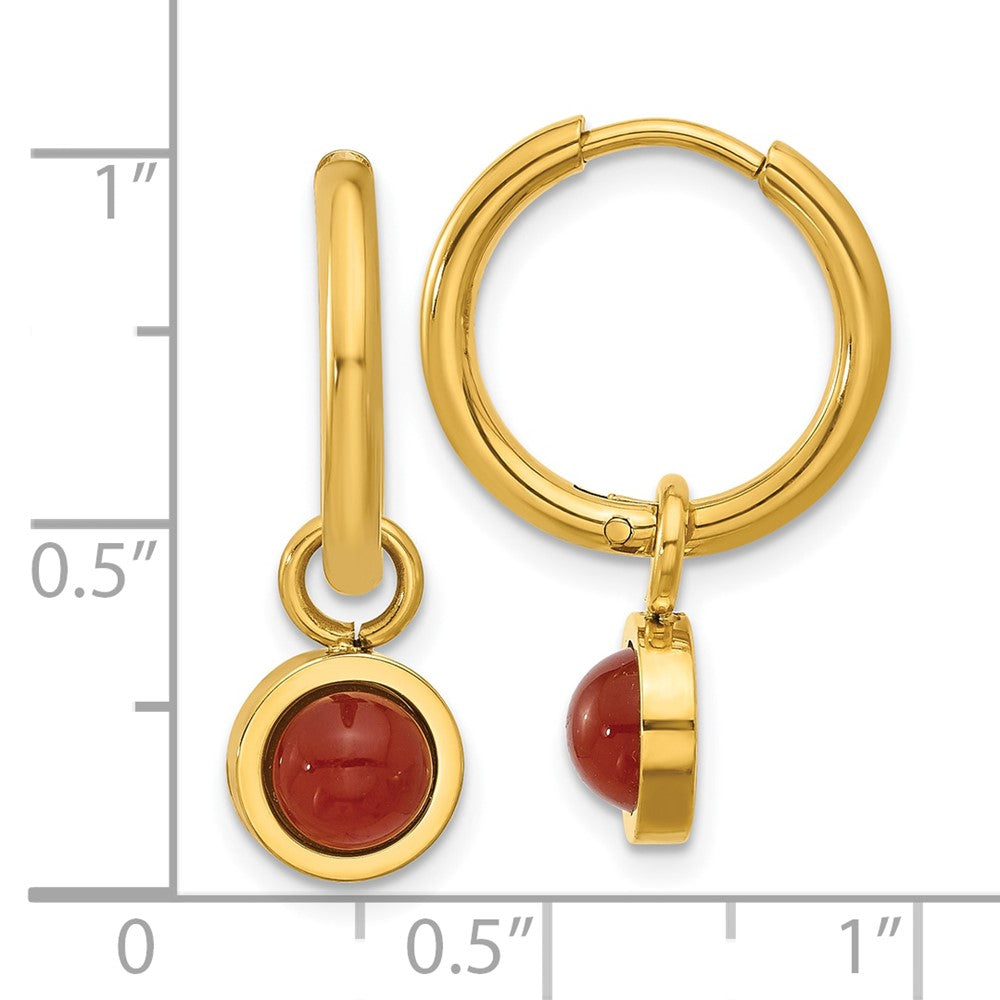 Chisel Stainless Steel Polished Yellow IP-plated with Removeable Red Jade Dangle Hinged Hoop Earrings