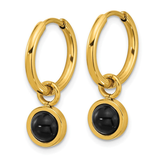 Chisel Stainless Steel Polished Yellow IP-plated with Removeable Black Agate Dangle Hinged Hoop Earrings