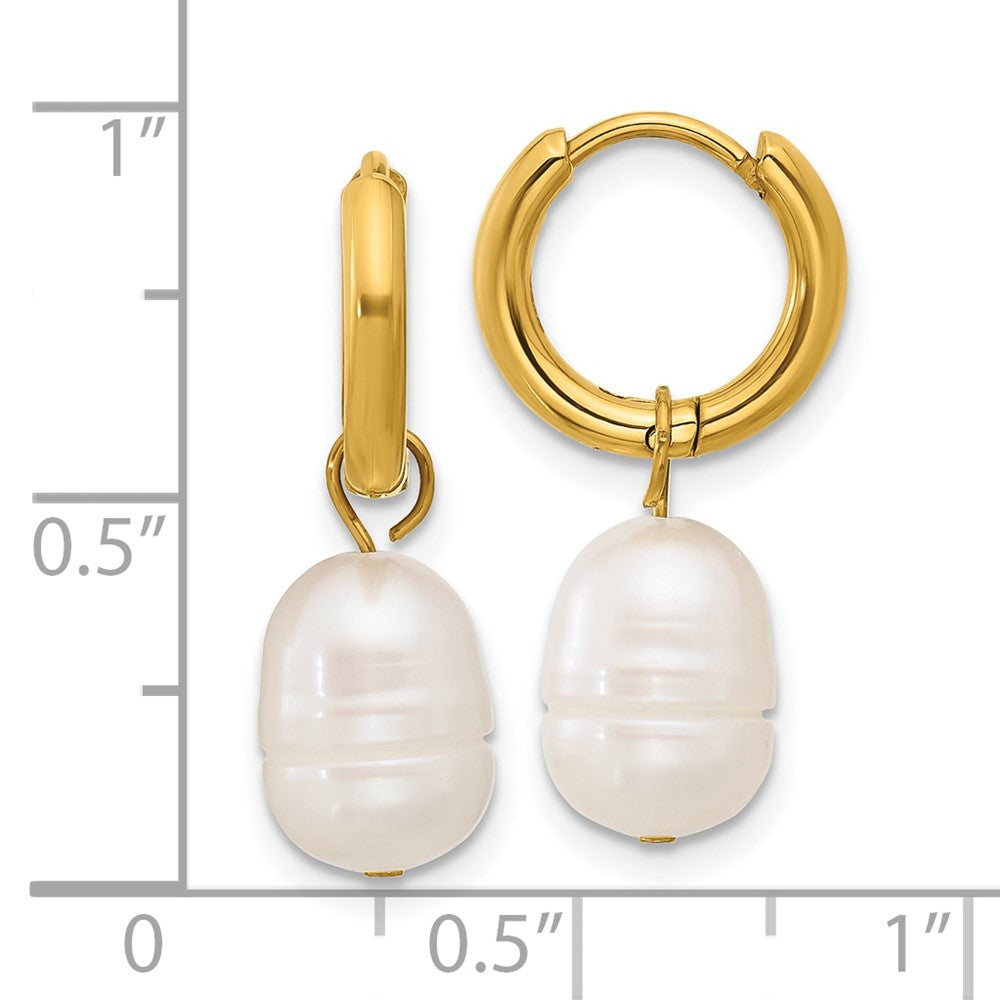 Chisel Stainless Steel Polished Yellow IP-plated White Baroque Freshwater Cultured Pearl Dangle Hinged Hoop Earrings