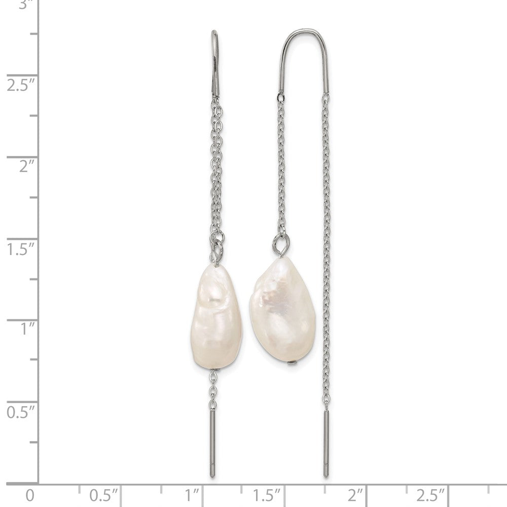 Chisel Stainless Steel Polished White Baroque Freshwater Cultured Pearl Dangle Threader Earrings