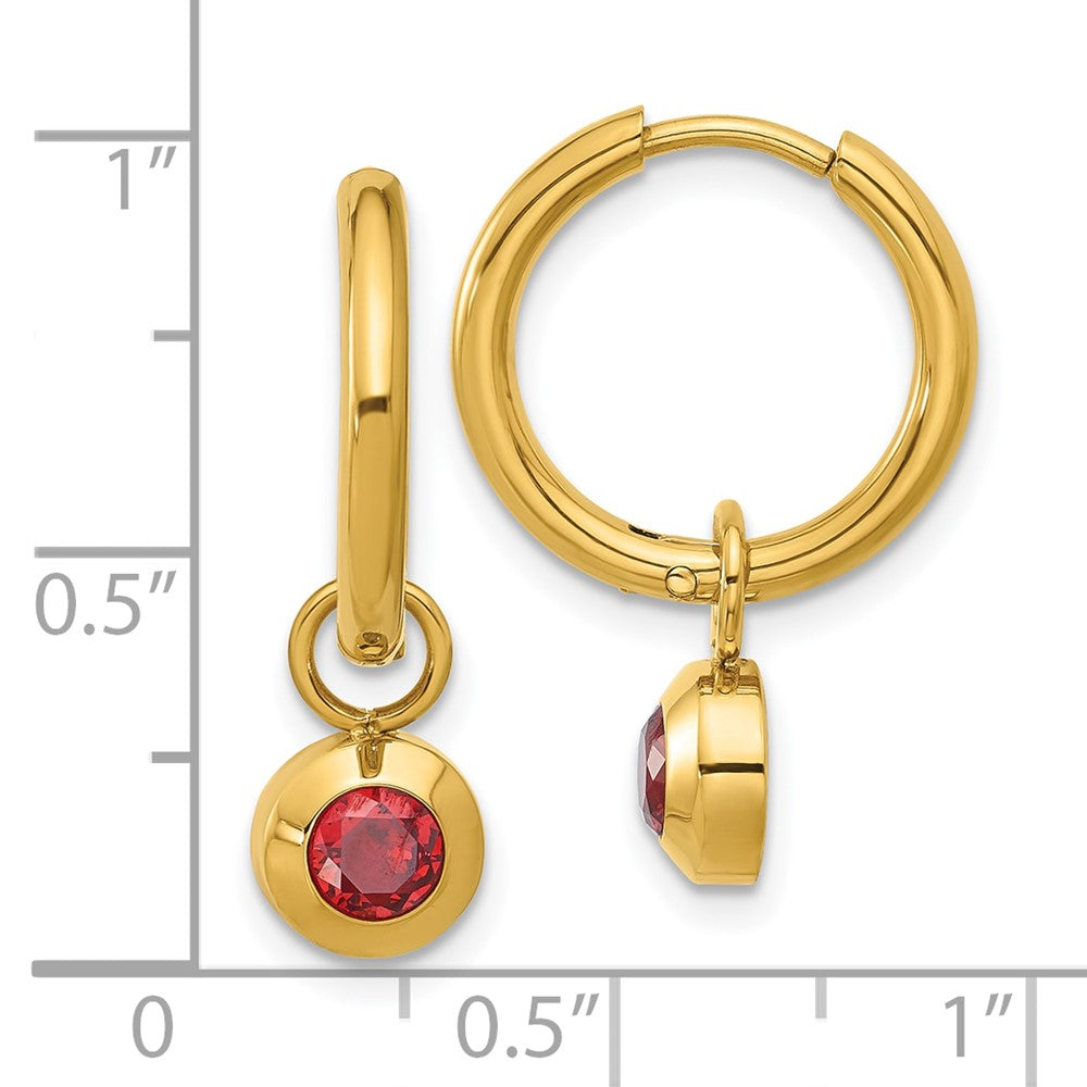 Chisel Stainless Steel Polished Yellow IP-plated with Removeable Red CZ Dangle Hinged Hoop Earrings
