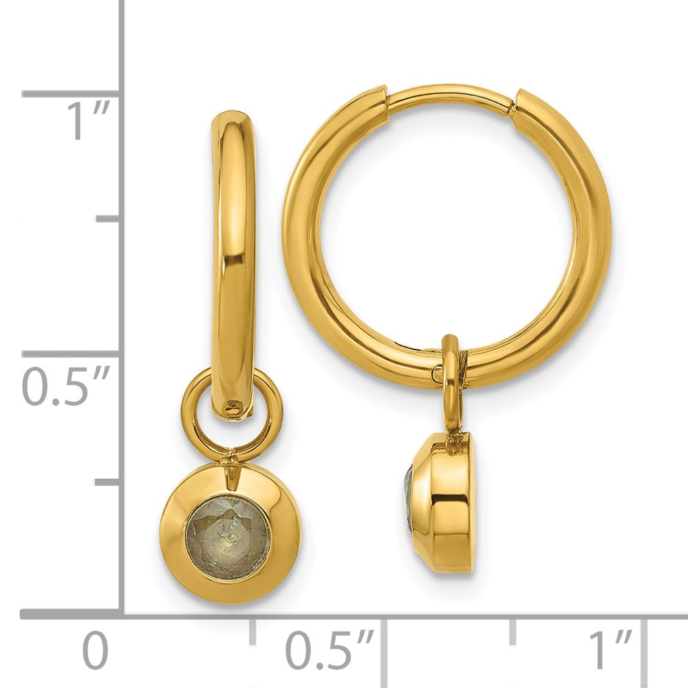 Chisel Stainless Steel Polished Yellow IP-plated with Removeable Light Blue CZ Dangle Hinged Hoop Earrings