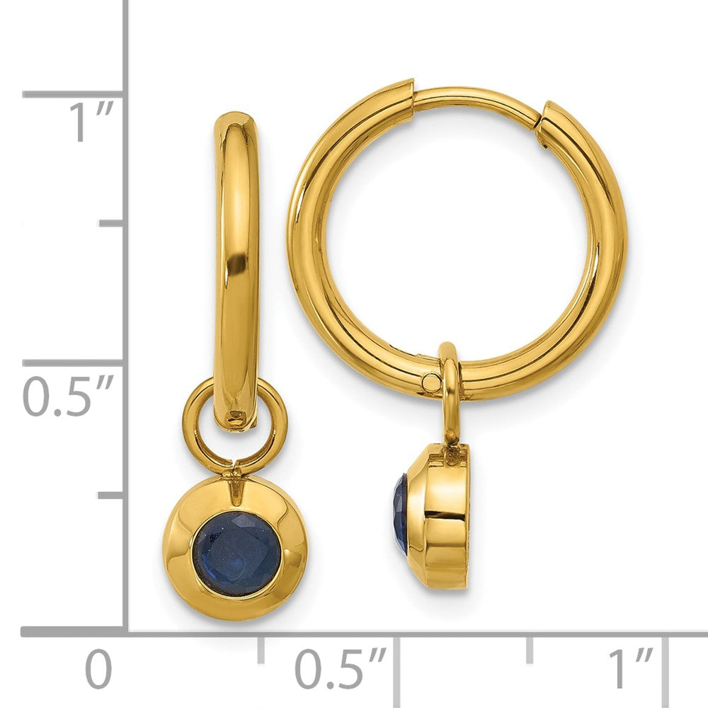 Chisel Stainless Steel Polished Yellow IP-plated with Removeable Blue CZ Dangle Hinged Hoop Earrings
