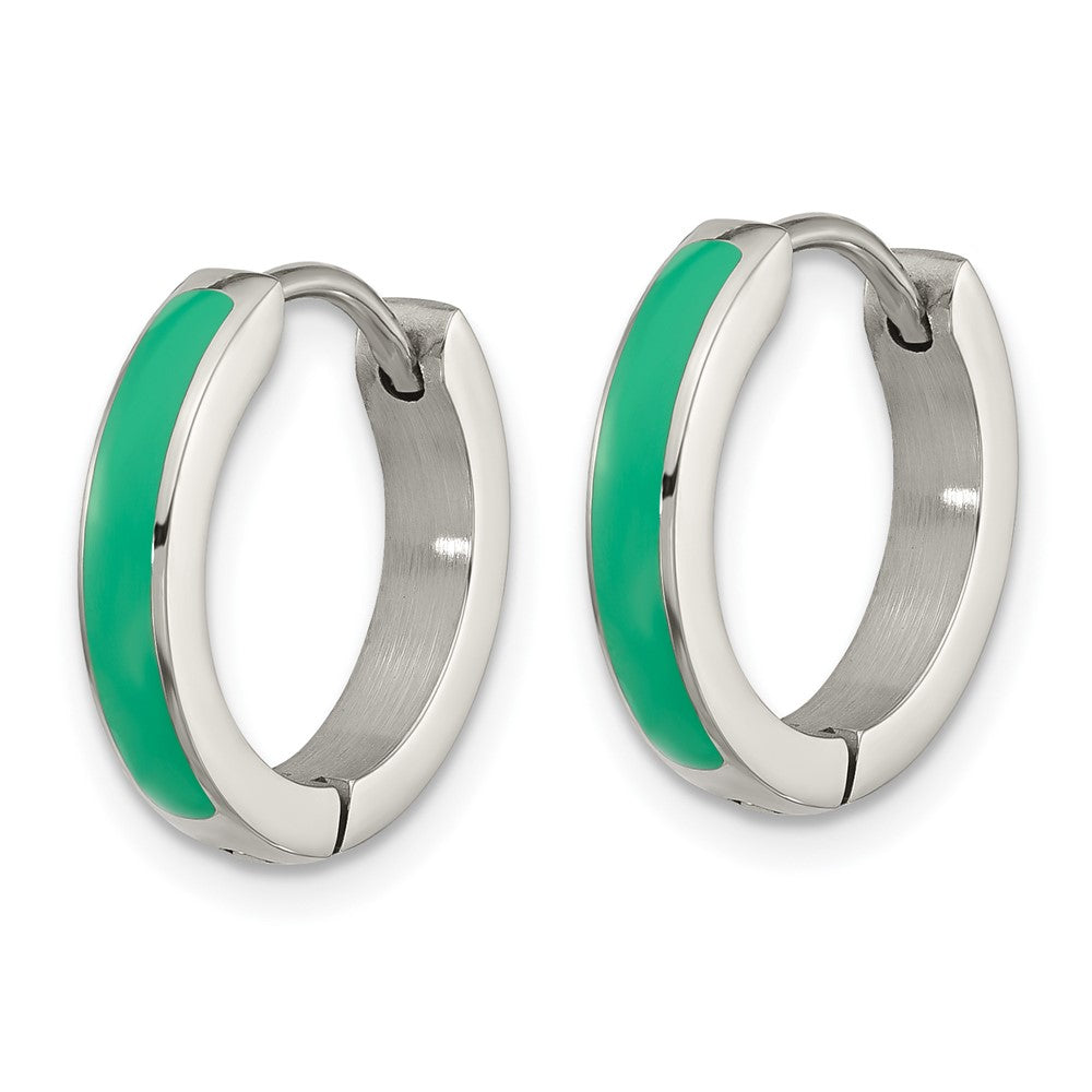 Chisel Stainless Steel Polished with Green Enamel 2.90mm Hinged Hoop Earrings