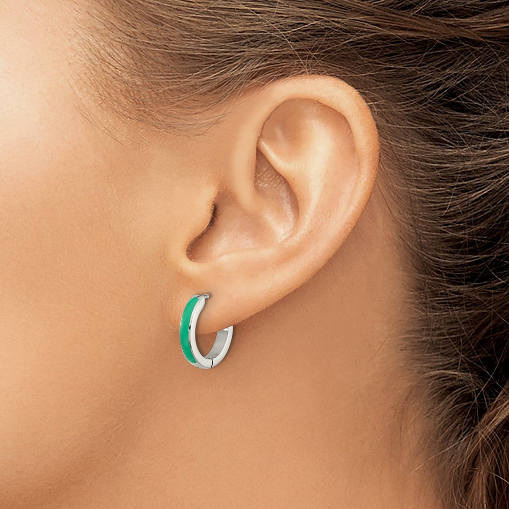 Chisel Stainless Steel Polished with Green Enamel 2.90mm Hinged Hoop Earrings