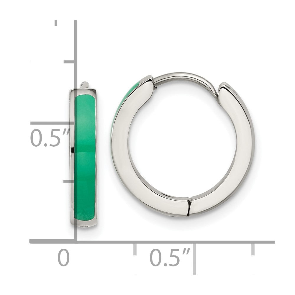 Chisel Stainless Steel Polished with Green Enamel 2.90mm Hinged Hoop Earrings
