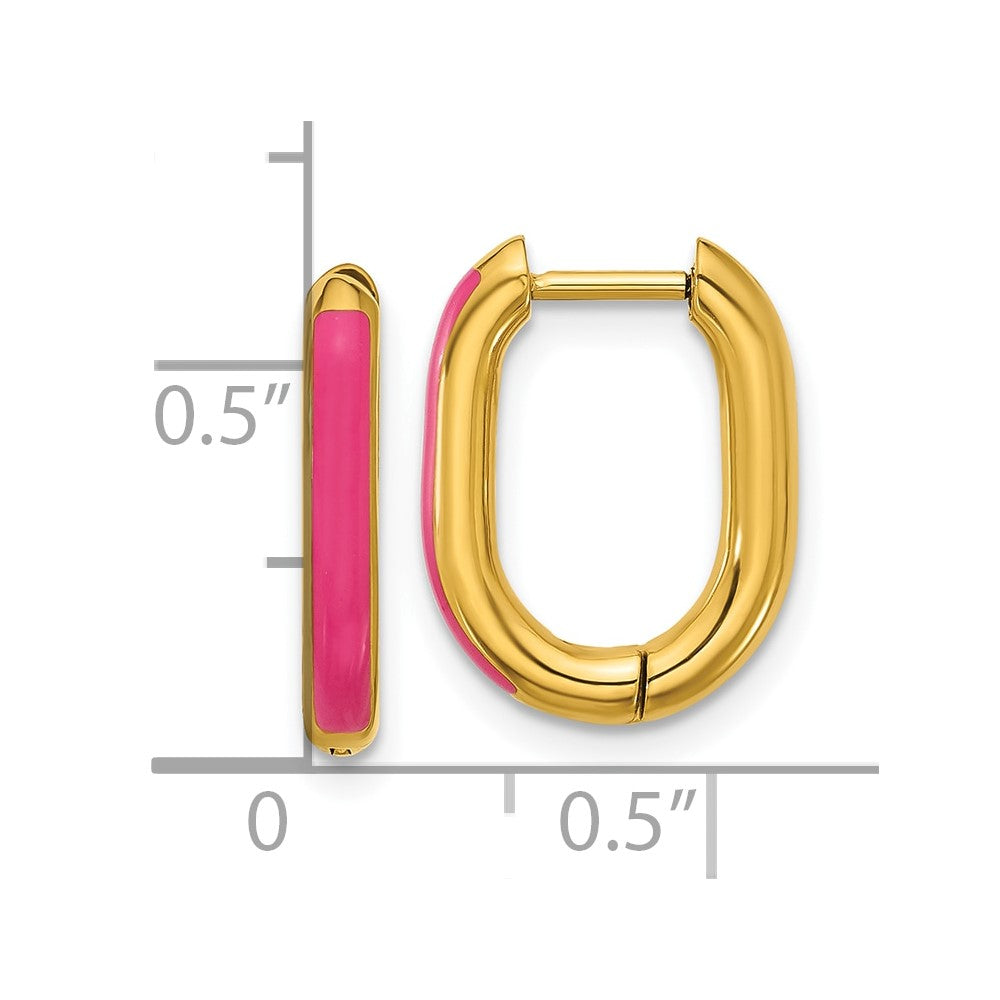 Chisel Stainless Steel Polished Yellow IP-plated with Pink Enamel 2.40mm Elongated Hinged Hoop Earrings