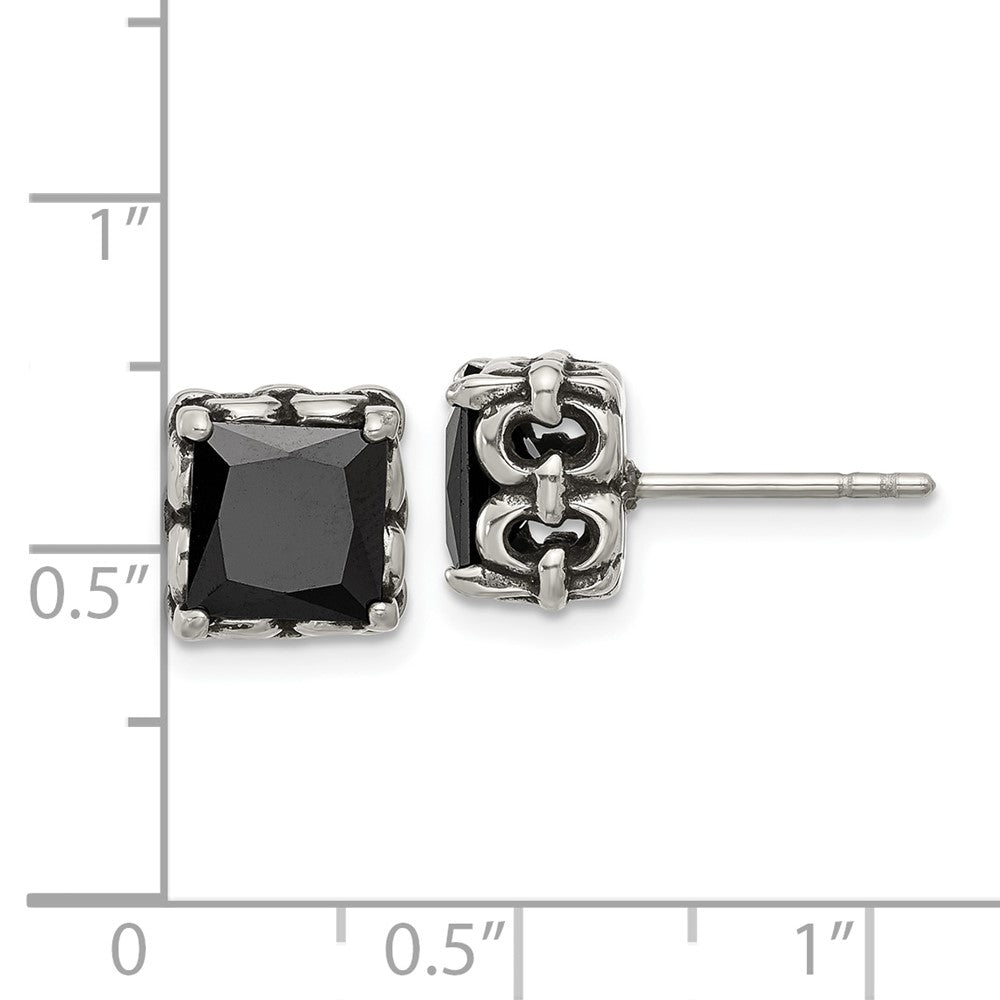 Chisel Stainless Steel Antiqued and Polished Square Black CZ Stud Earrings