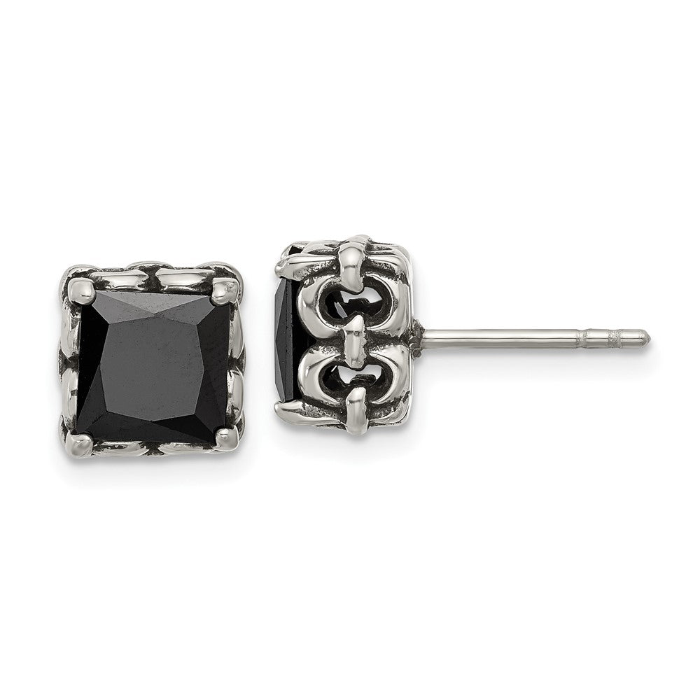 Chisel Stainless Steel Antiqued and Polished Square Black CZ Stud Earrings