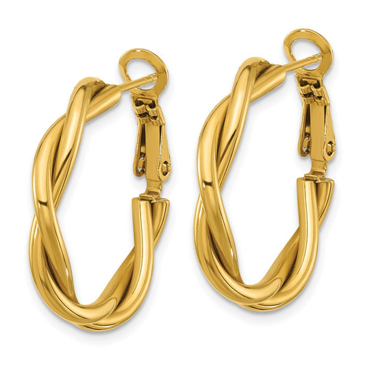 Chisel Stainless Steel Polished Yellow IP-plated Twisted Omega Back Hoop Earrings