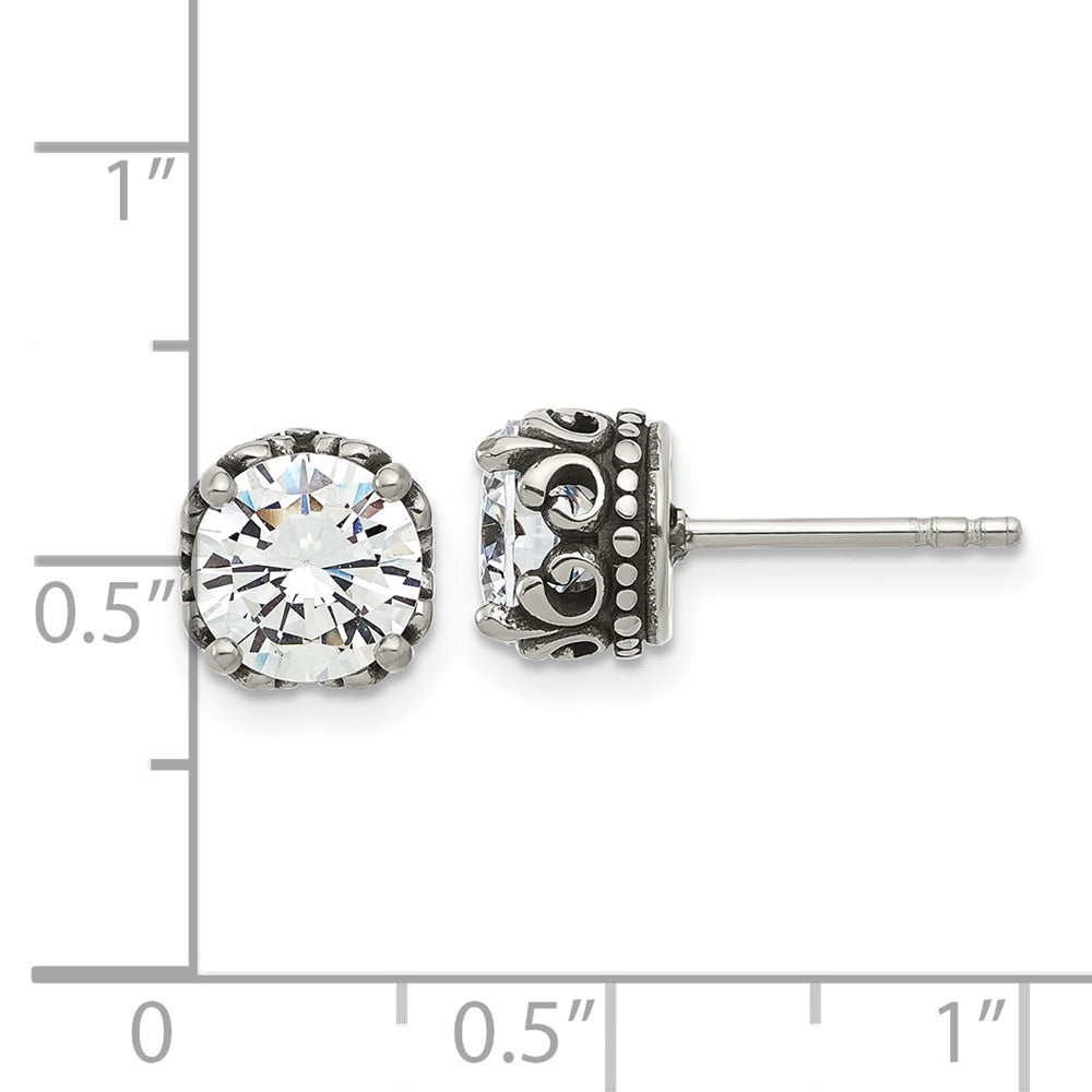 Chisel Stainless Steel Antiqued and Polished CZ Post Earrings