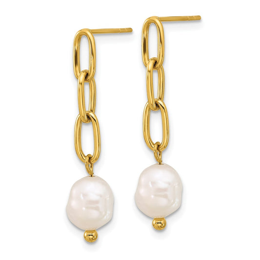 Chisel Stainless Steel Polished Yellow IP-plated Open Chain with Freshwater Cultured Pearl Post Dangle Earrings