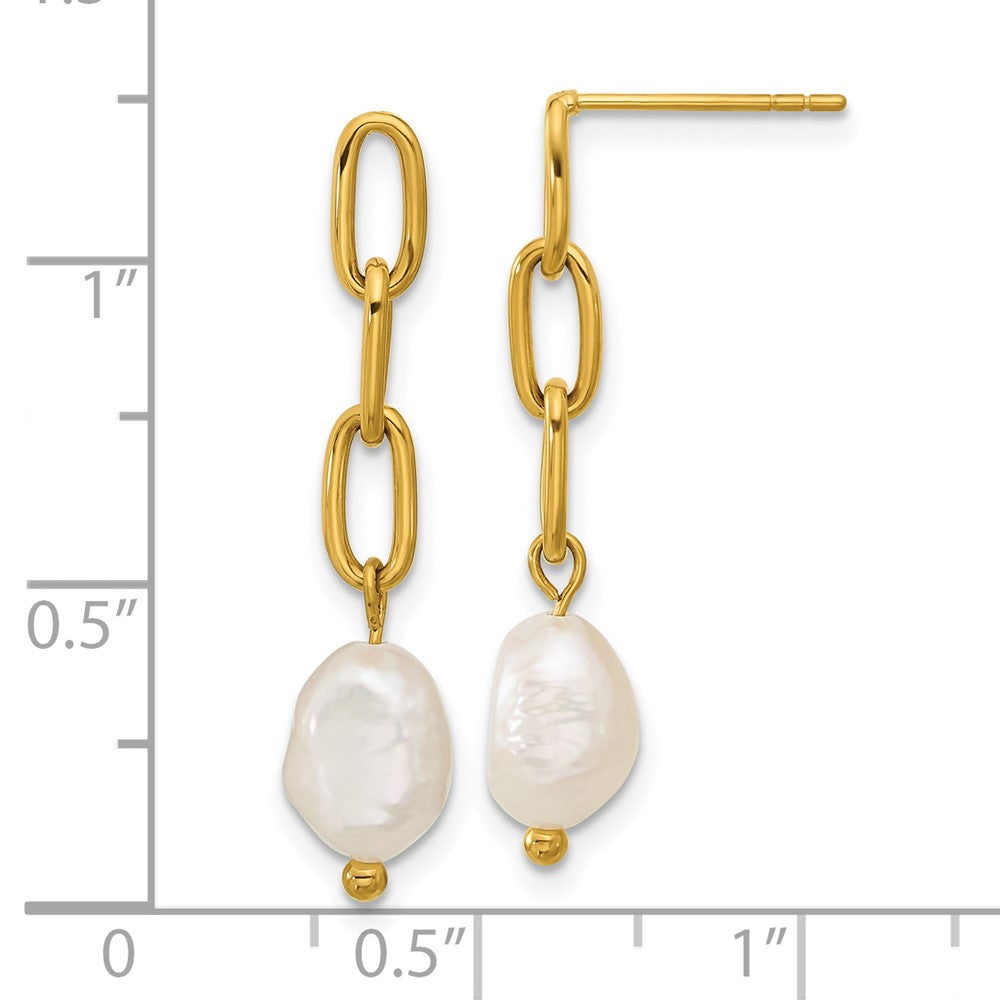 Chisel Stainless Steel Polished Yellow IP-plated Open Chain with Freshwater Cultured Pearl Post Dangle Earrings