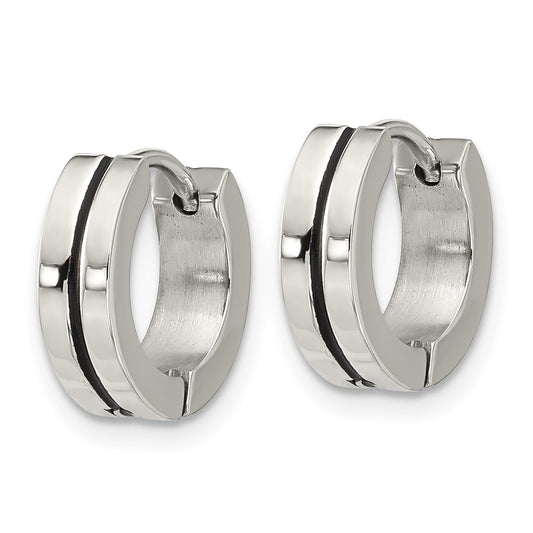Stainless Steel Polished with Black Resin Center 4mm Hoop Earrings