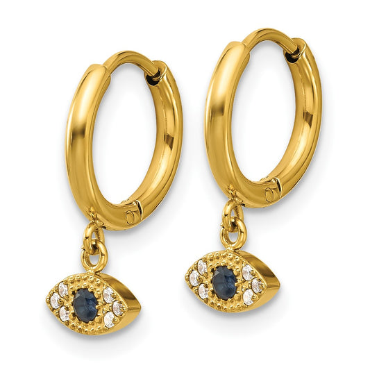 Chisel Stainless Steel Polished Yellow IP-plated Blue and White Zircon Evil Eye Dangle Hinged Hoop Earrings