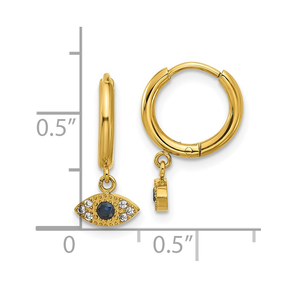 Chisel Stainless Steel Polished Yellow IP-plated Blue and White Zircon Evil Eye Dangle Hinged Hoop Earrings