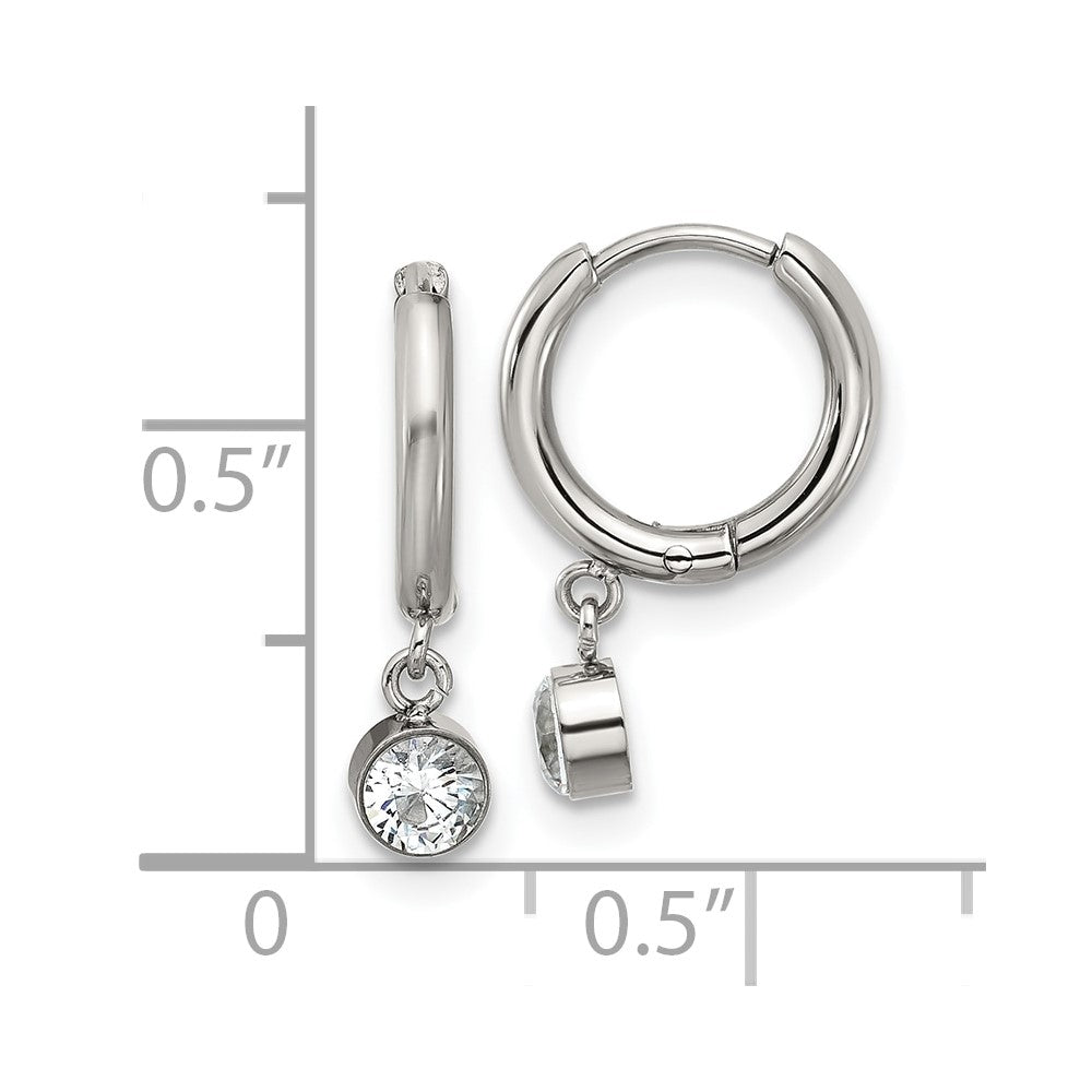 Chisel Stainless Steel Polished White Zircon Dangle Hinged Hoop Earrings