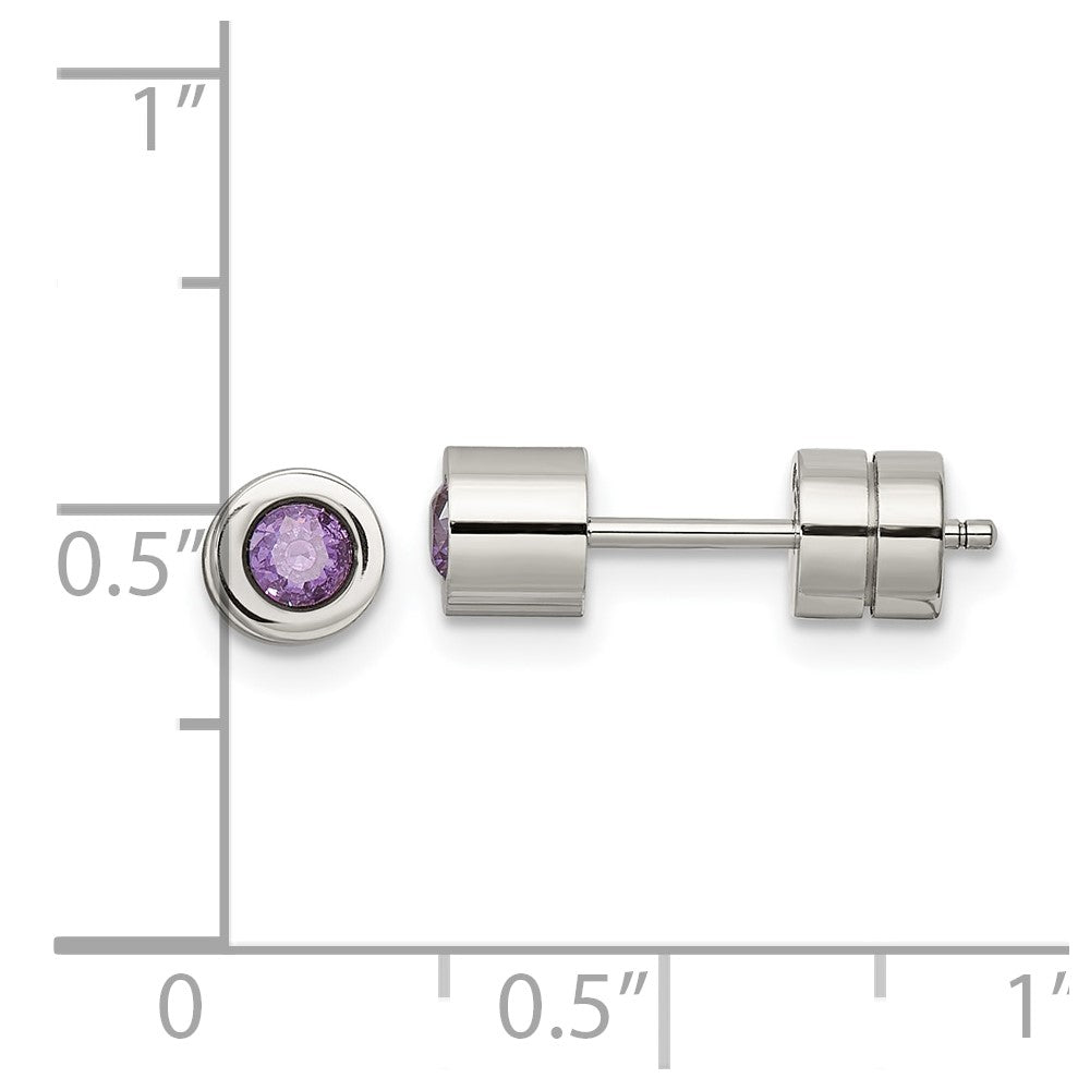 Chisel Stainless Steel Polished Purple CZ February Birthstone Post Earrings