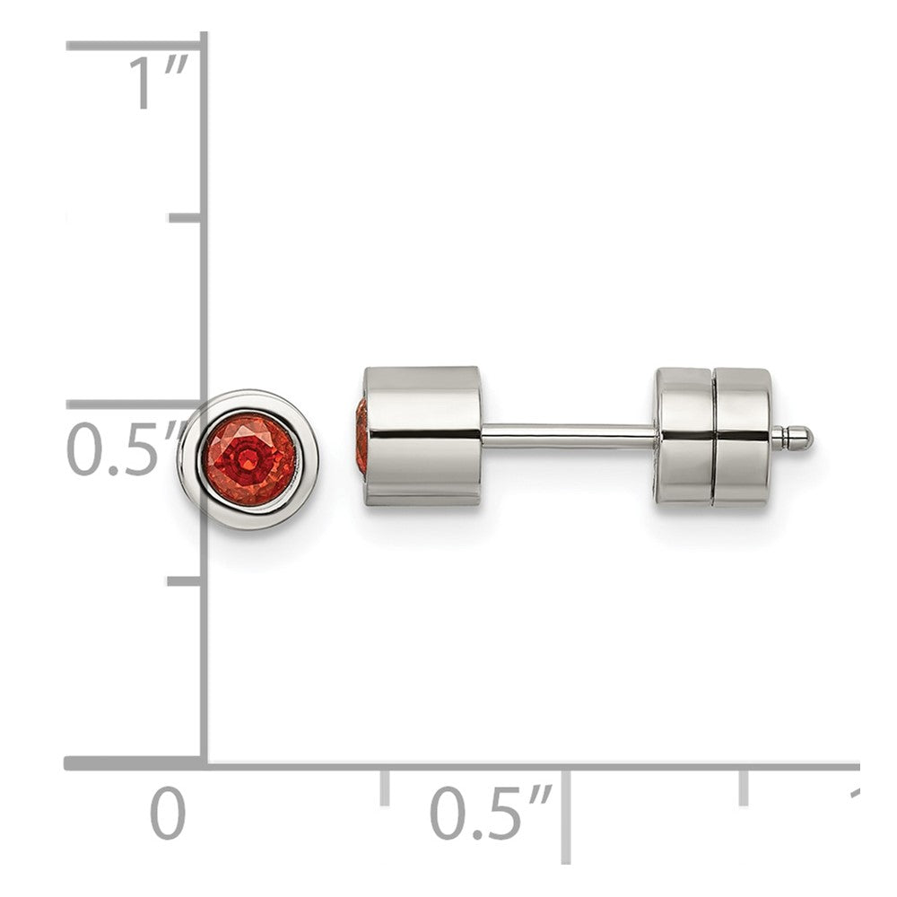 Chisel Stainless Steel Polished Red CZ July Birthstone Post Earrings